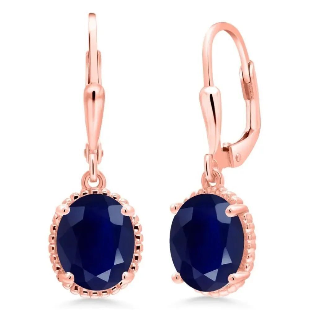 18K Rose Gold 925 with 5.00 Cttw Navy Blue Sapphire Oval Leverback Hook Earrings
